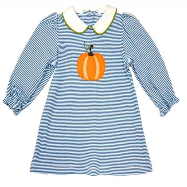 Zuccini kids pumpkin louisa dress, periwinkle bitty stripe knit. Girls pumpkin applique knit dress