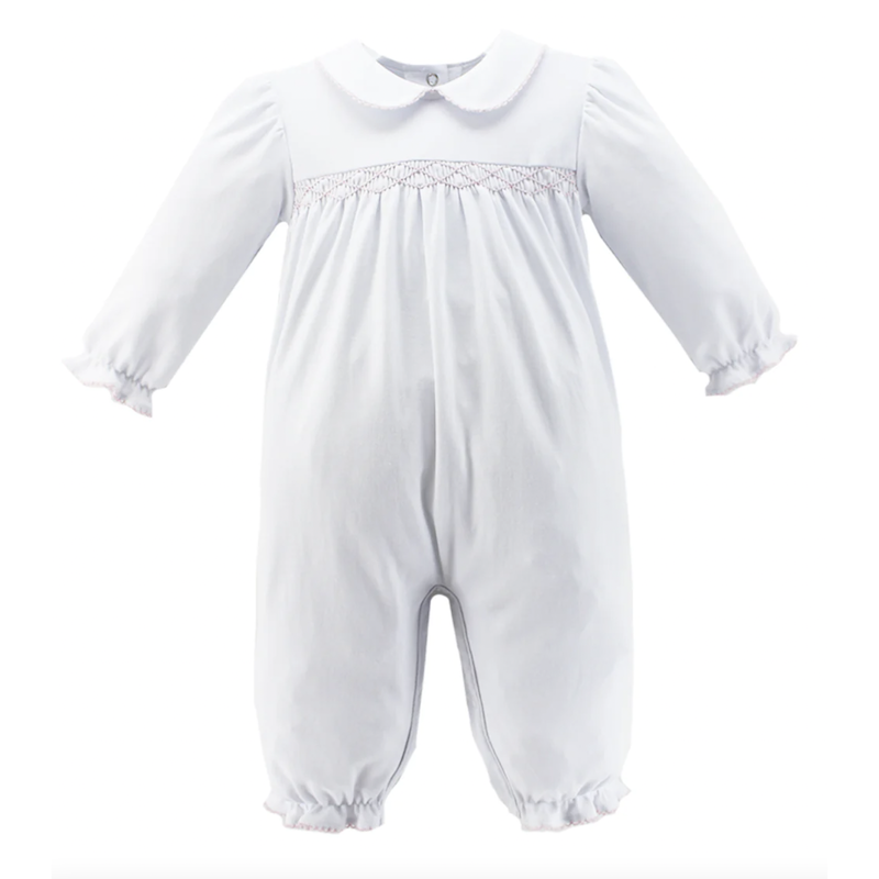 Classic style white knit bubble with pink smocking and long sleeves. Zuccini kids audrey bubble, white knit. 