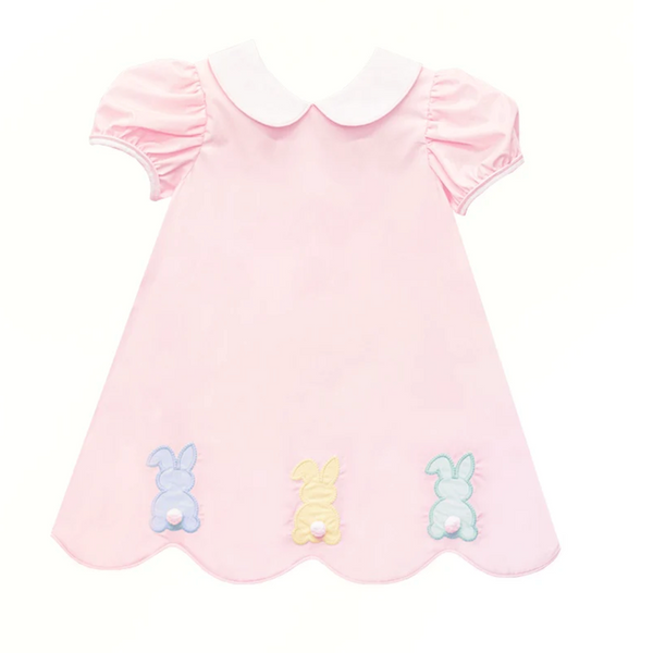 Zuccini Kids Bunny kendall dress, pink broadcloth. Girl's pink easter dress with bunny applique