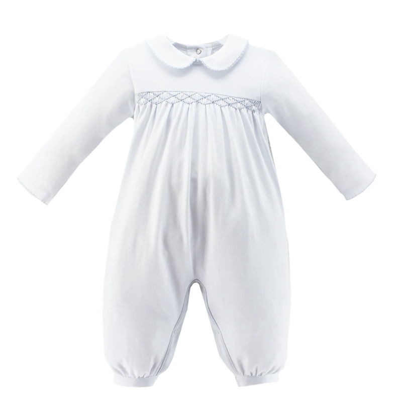Classic style white knit long sleeve bubble with blue smocking. Zuccini kids grayson bubble, white knit. 