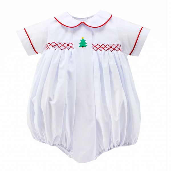 Zuccini Kids Christmas tree bogart bubble, white broadcloth. Classic style baby boy Christmas outfit.