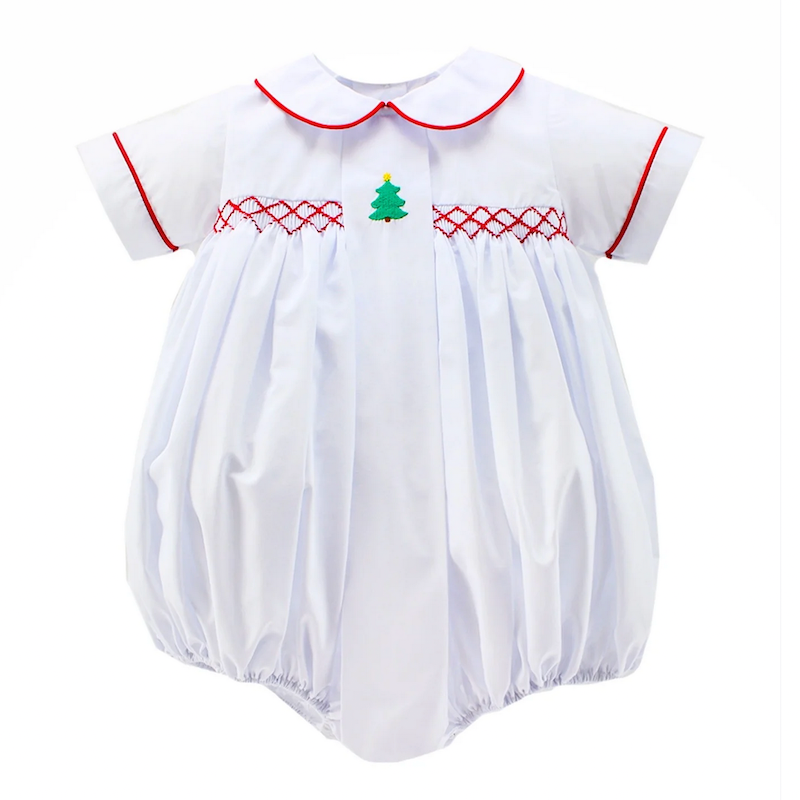 Zuccini Kids Christmas tree bogart bubble, white broadcloth. Classic style baby boy Christmas outfit.