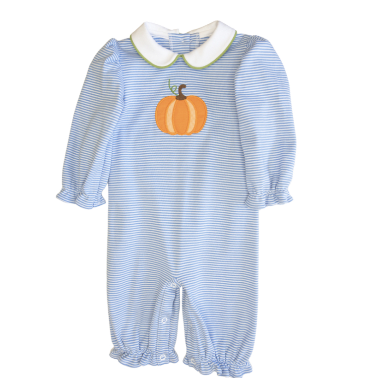Girls light blue stripe long bubble/romper with pumpkin applique. Zuccini kids pumpkin louisa bubble, periwinkle bitty stripe knit. 
