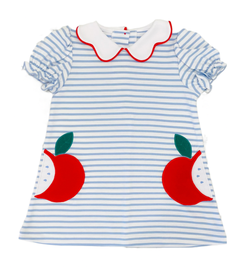 Zuccini kids knit dress with apple applique pockets and ruffle sleeves.