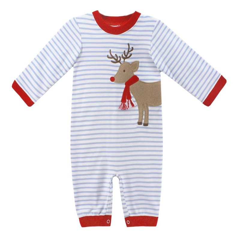 Boy's knit romper with reindeer applique, perfect baby and toddler boy's outift for Christmas. Zuccini kids reindeer luke bubble