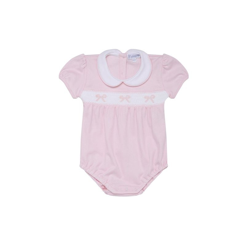 Pink bow smocked bubble with collar from Nella Pima