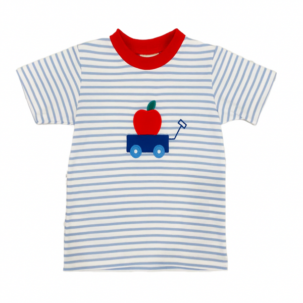Boys knit t shirt with apple wagon applique. LIght blue and white striped tee with applique. Perfect boy's outfit for back to school