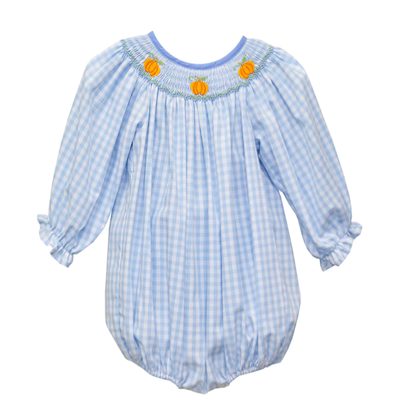 Girls light blue check bubble with pumpkin smocking.