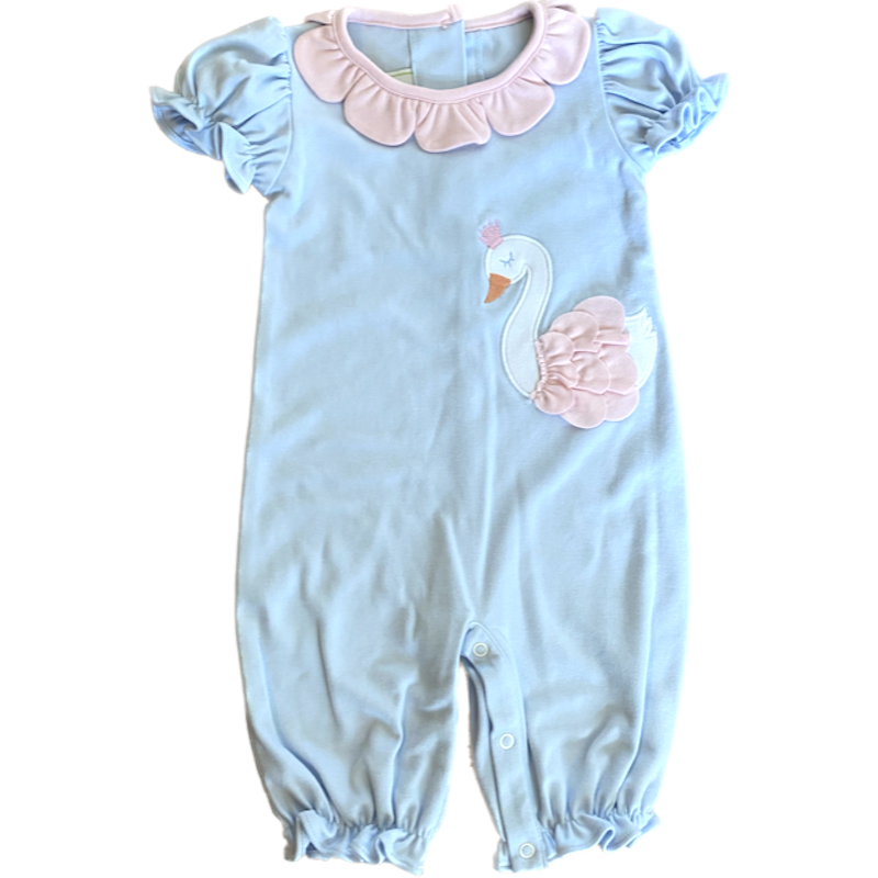 Light blue long bubble/ romper with swan applique. Perfect romper for baby and toddler girls with adorable swan applique and cute collar by zuccini kids