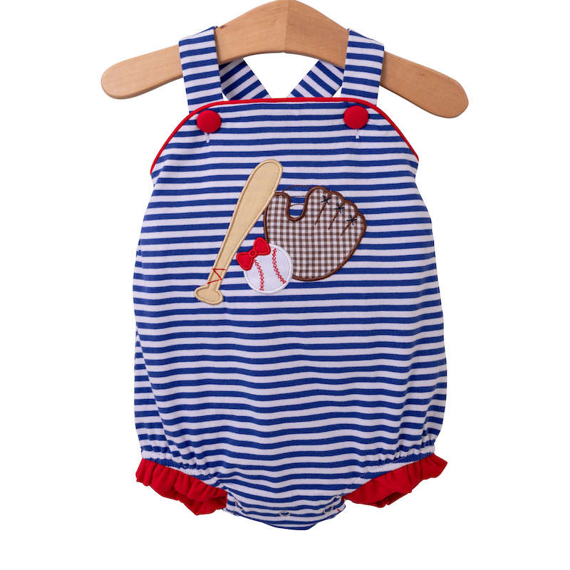 Blue and white striped knit sunsuit with baseball applique.