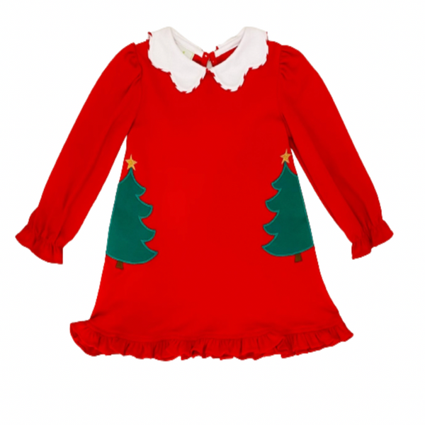 Girl's red knit dress with Christmas tree applique. This cute girl's Christmas dress has ruffles, a coordinating white collar, and is made of super soft knit fabric. Perfect dress for all your Christmas occasions. 