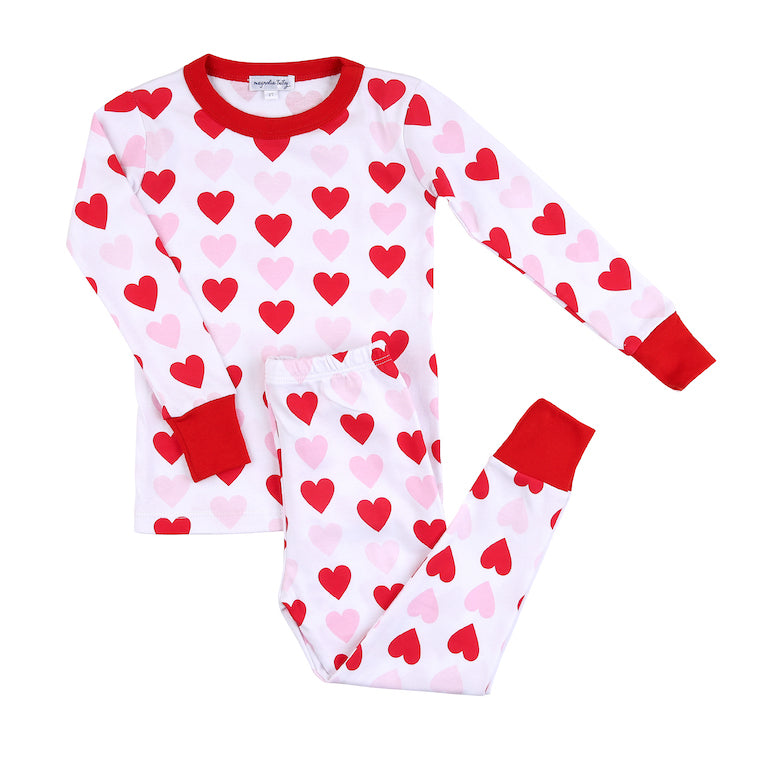 Magnolia Baby pink and white heart print Valentine's day pajamas. 100% pima cotton Valentine's pajamas for babies and kids. 