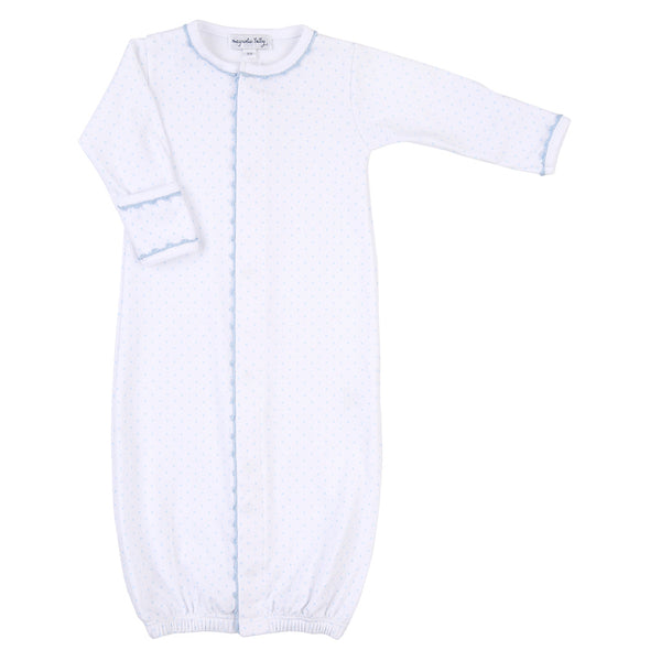 100% pima cotton Magnolia Baby converter gown with light blue trim and dots. The perfect outfit for a new baby boy or gift. Features fold-over cuffs. 