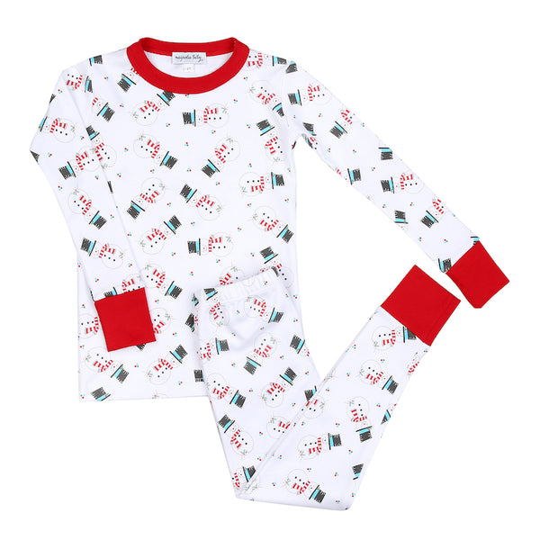 100% pima cotton Magnolia Baby pajamas with vintage snowman print. Adorable pajamas for Christmas morning and all winter. 