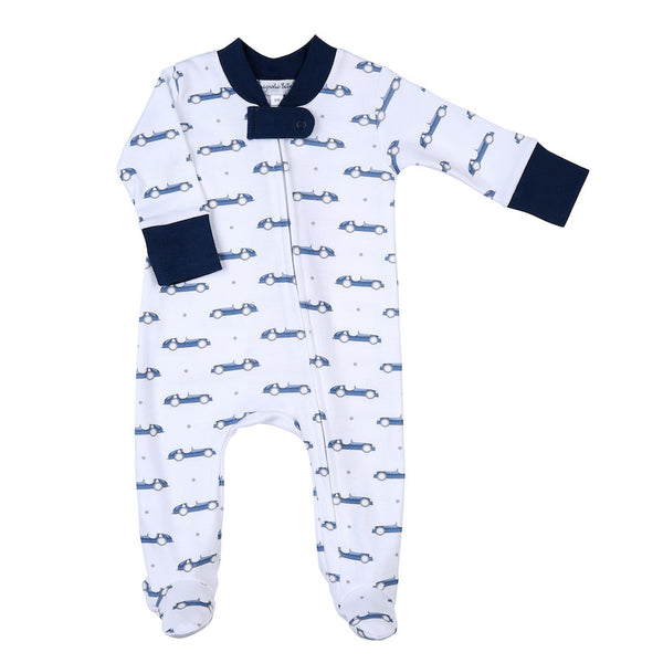 Magnolia baby navy and blue race car zipper pajamas. Made of 100% pima cotton, these baby zipper pajamas are adorable for little boys. 