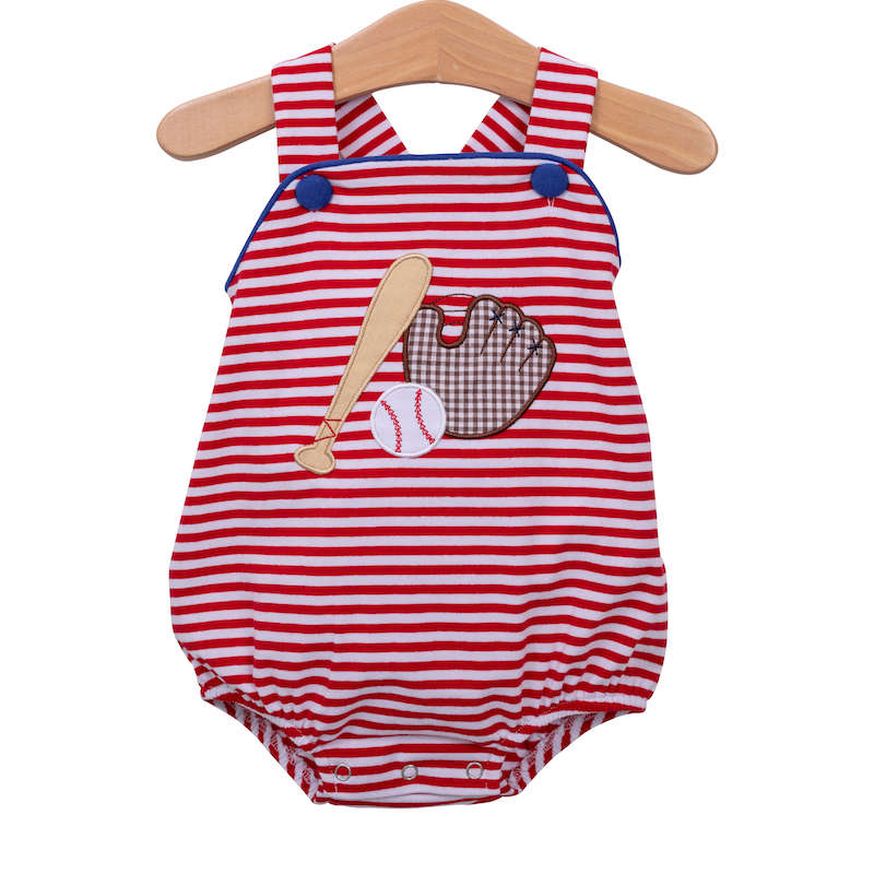 Red and white striped boys knit sunsuit with baseball applique.