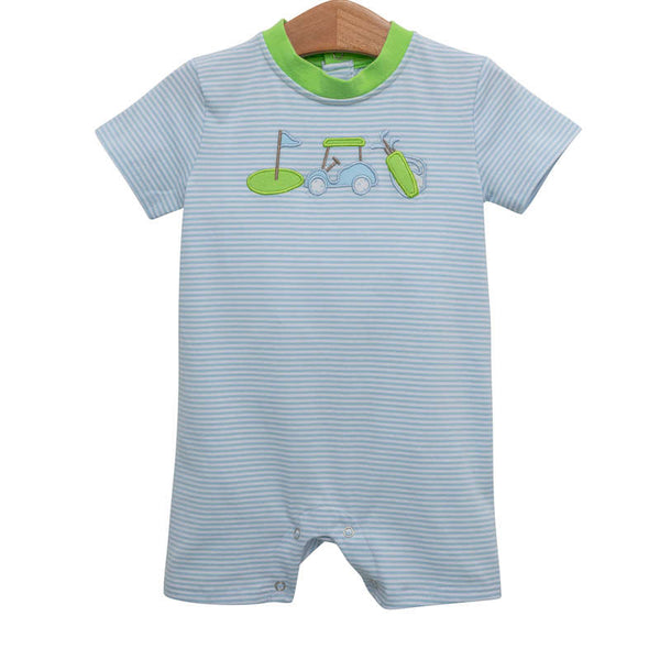Light blue and white striped boys short sleeve knit romper with golf applique. 