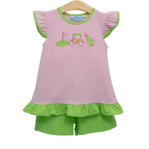 Pink and white striped shirt with golf applique and coordinating green shorts. 