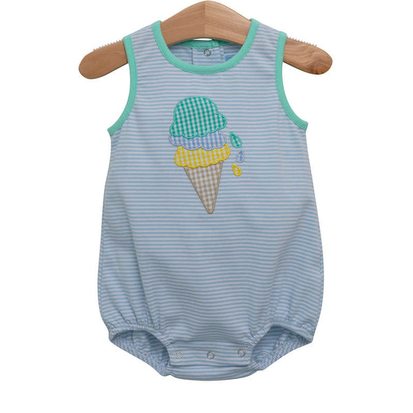 Blue and white striped knit boys bubble with ice cream applique 