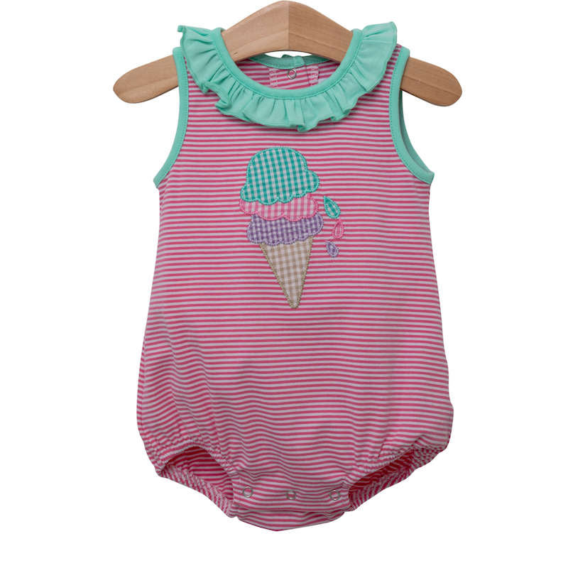 Pink and white striped knit girl's bubble with ice cream applique and ruffles at neckline. 