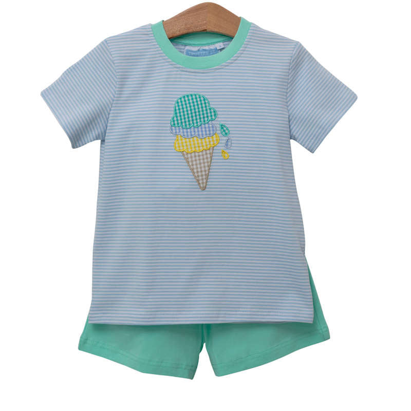Blue and white striped knit shirt with ice cream applique and coordinating green shorts.