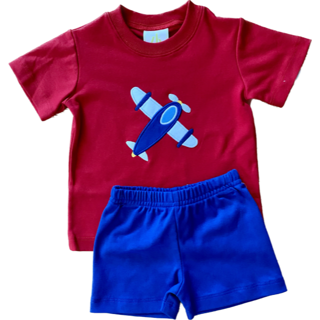 Boys knit short set with red shirt with blue airplane applique and coordinating blue knit shorts. 