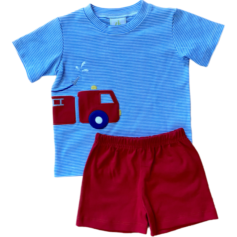 Firetruck applique knit shorts set. Blue mini striped shirt with adorable firetruck applique that extends to the back and coordinating red knit shorts. 