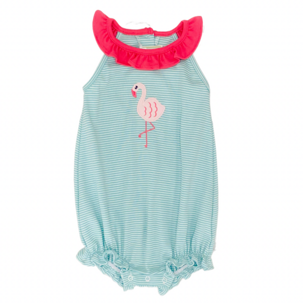 Knit green and white stripe ruffle bubble with flamingo applique and coordinating hot pink ruffles at neckline. 