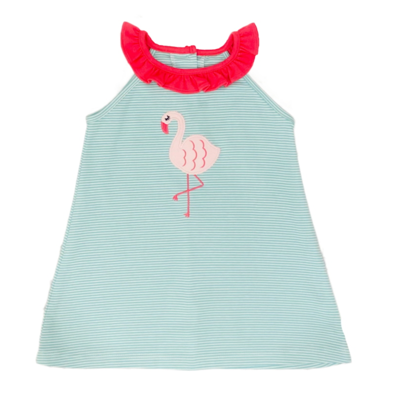 Green and white mini stripe dress with flamingo applique and hot pink ruffle collar. 