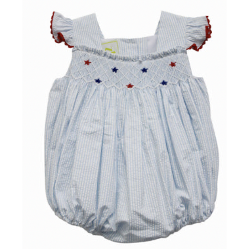 Blue and white seersucker bubble with red and blue star smocking on chest and coordinating red ruffles on straps. Perfect bubble for the 4th of July! 