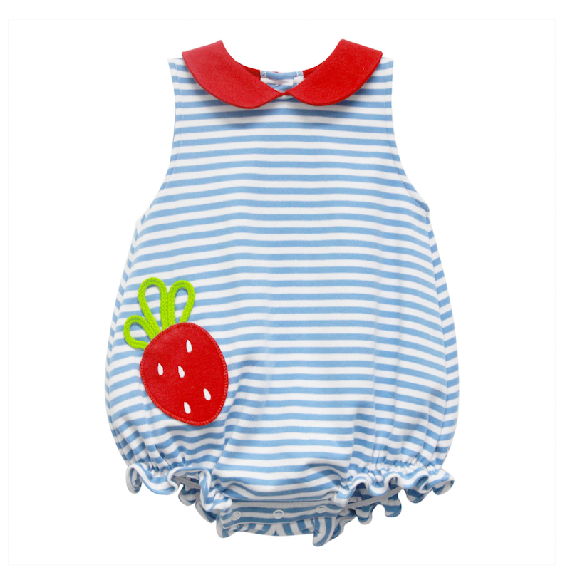 Blue and white stripe knit bubble with strawberry applique and coordinating red collar. 