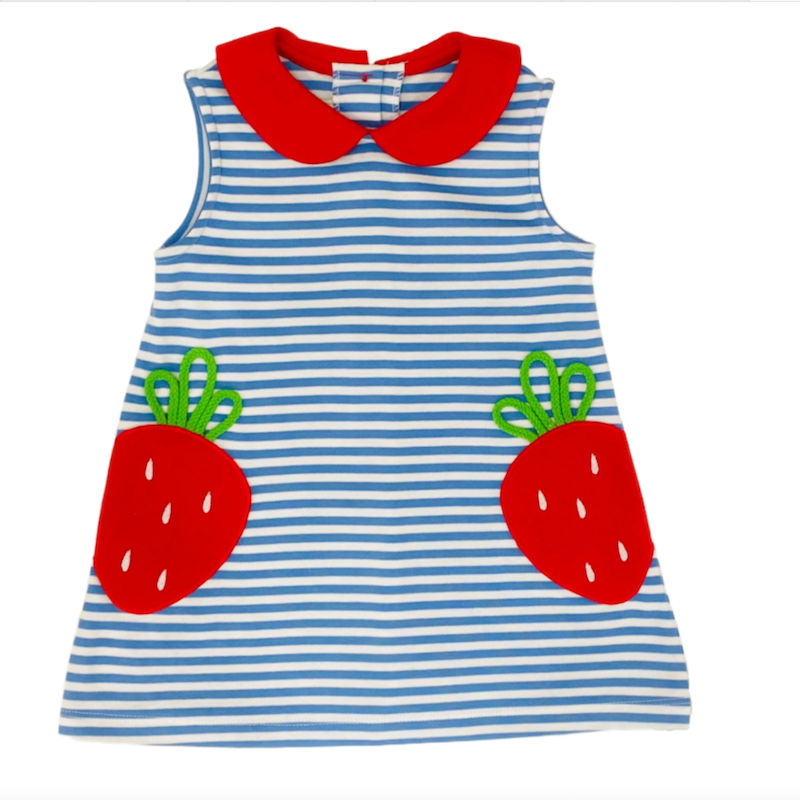Adorable knit blue and white striped dress with strawberry applique and coordinating red collar. 