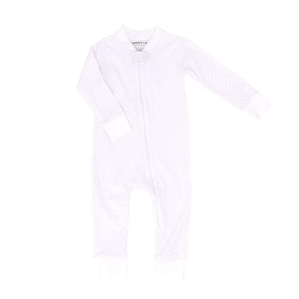 100% pima cotton white baby sleepers with small pink dots. Features zipper closure.