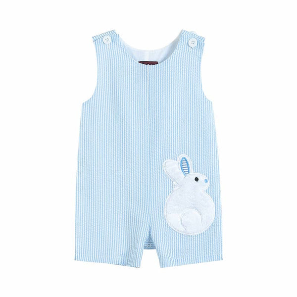 Light blue boys Jon jon romper with white appliqué bunny. Perfect baby and little boy outfit for Easter and spring