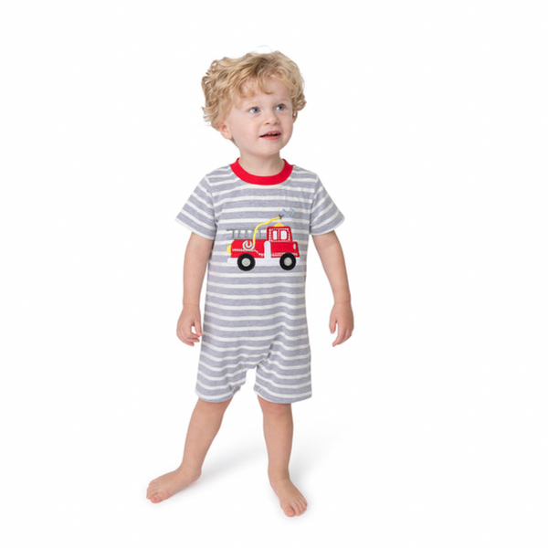 Boys short sleeve romper with firetruck applique. Features grey and white striped fabric, and coordinating red accent around collar. 