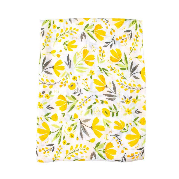 Floral swaddle blanket in muslin fabric. Features a pretty yellow floral pattern.