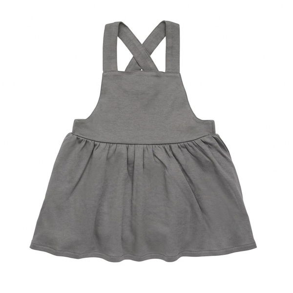 Grey organic cotton girls jumper with elastic waist and cross back straps. This girls jumper dress is made of organic cotton.