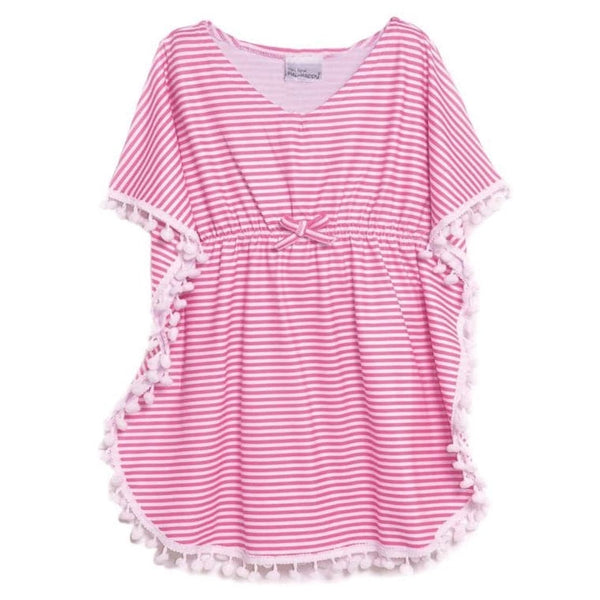 Girls pink stripe cover up dress with pom-pom trim. Features SPF50+ fabric, for the ultimate sun protection, and v neck and bow at waist. This girl's coverup is perfect for pool, beach, and anywhere in between. 