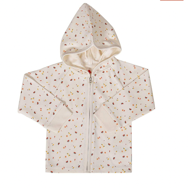 White organic cotton zip up hoodie jacket. Features fruit print. Perfect lightweight zip up jacket for spring for babies, toddlers, and kids. Unisex style 