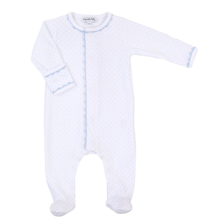 Magnolia Baby 100% pima cotton footie with light blue dots and trim. Features fold-over cuffs. 
