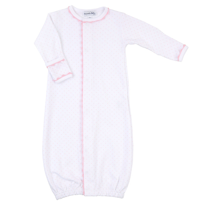 Magnolia Baby 100% pima cotton baby girl converter gown with light pink trim and dots. 