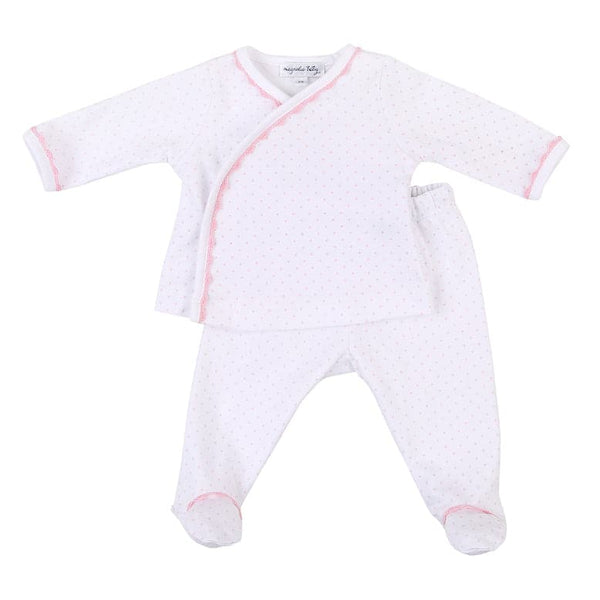 Magnolia Baby 100% pima cotton footed pants set with light pink dots and trim. 
