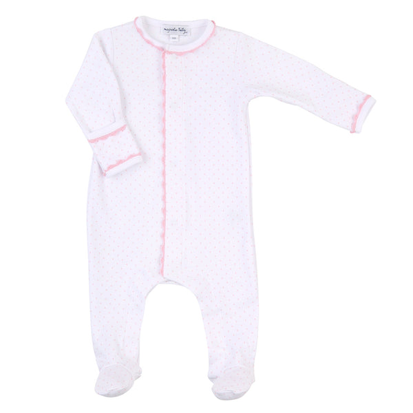 Magnolia baby 100% pima cotton footed pajmas with light pink dots and trim. Features fold-over cuffs. Perfect gift for new babies! 