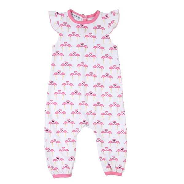 Magnolia baby 100% pima cotton playsuit with white fabric and pink flamingo print. Feature ruffle sleeves and pink trim at neck. So cute and soft for spring and summer! 