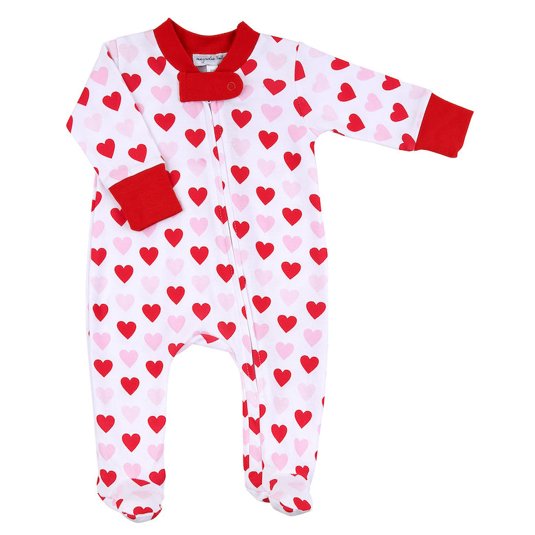 100% pima cotton baby footed sleeper with red and pink heart print. 
