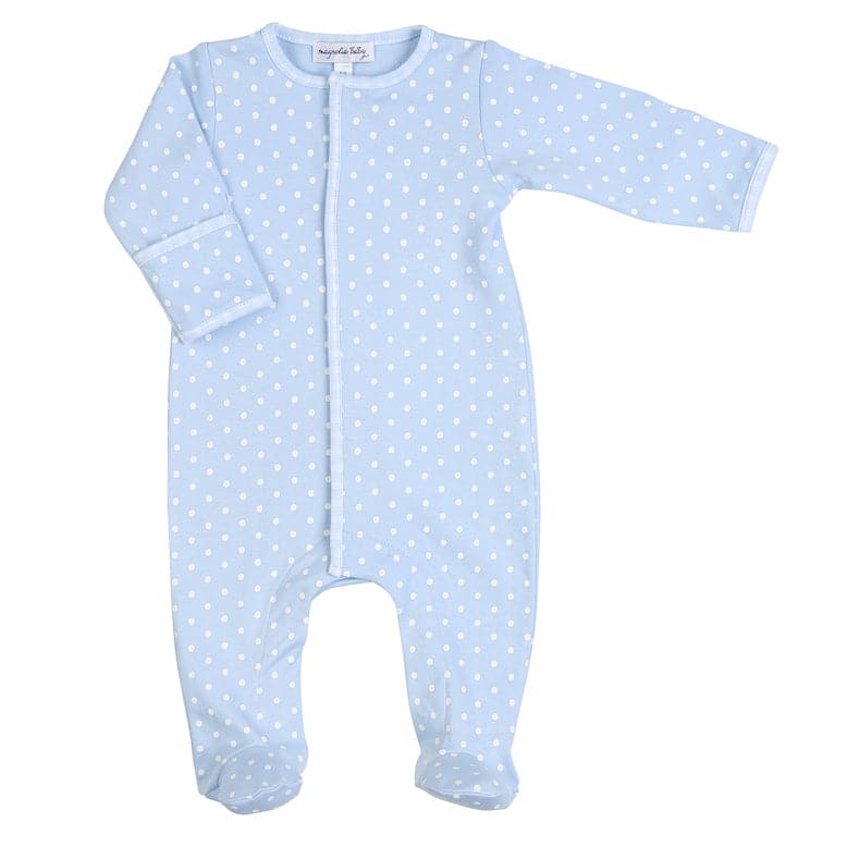 Magnolia Baby 100% pima cotton baby footie pajama in light blue print. 