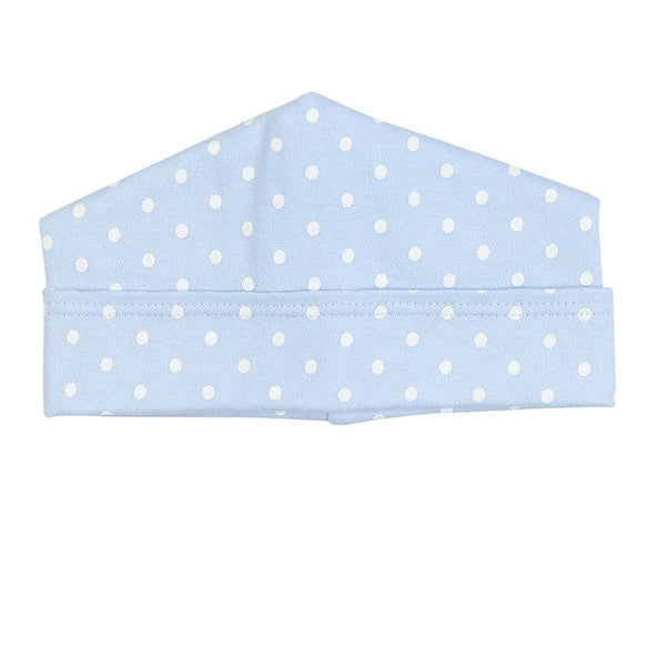 Magnolia baby light blue and white dot hat, made with 100% pima cotton.