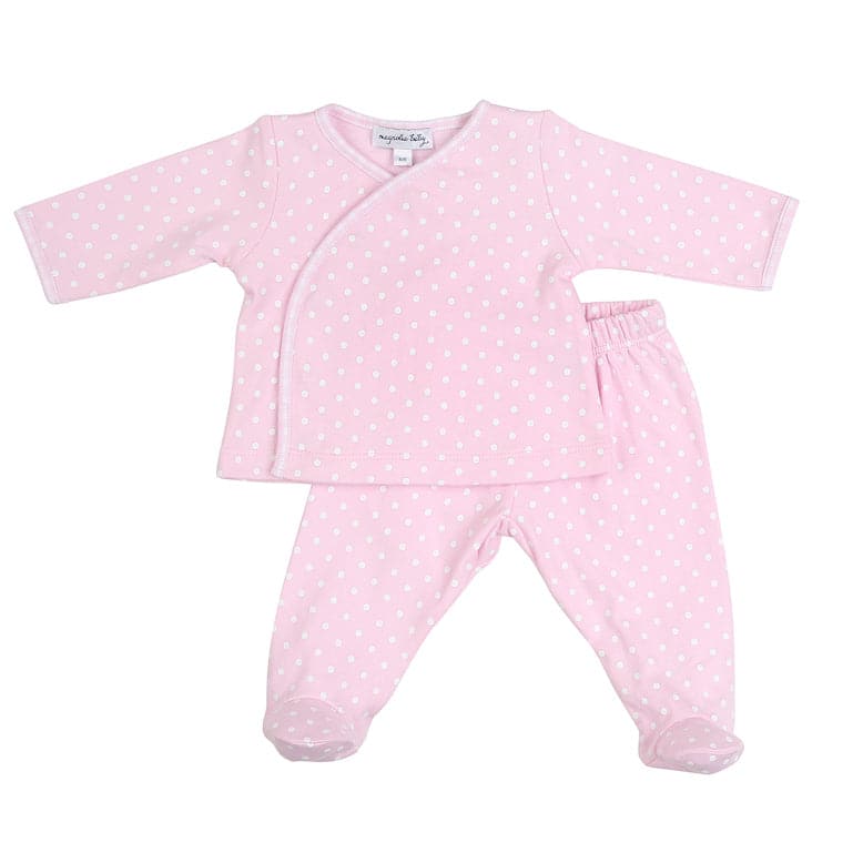 Magnolia Baby 100% pima cotton 2 piece baby set. Inlcudes footed pants and long sleeve cross-over long sleeve top. Perfect gift for new babies or outfit for going home! 