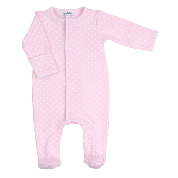 Magnolia Baby 100% pima cotton footie pajamas with pink dot print.