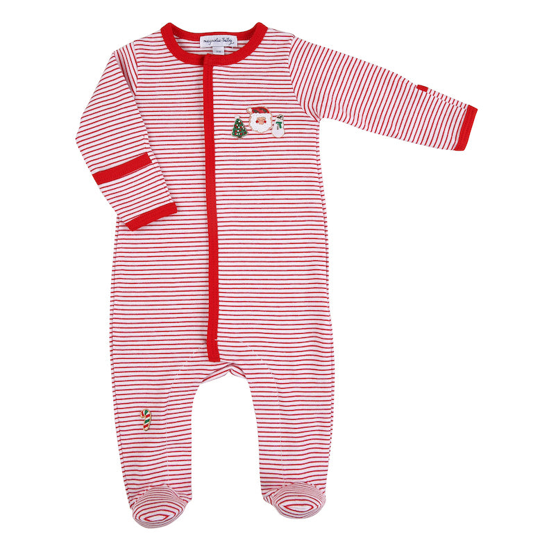 100% pima cotton red striped foot pajamas with Christmas embroidery. Perfect outfit for baby's first Christmas! 